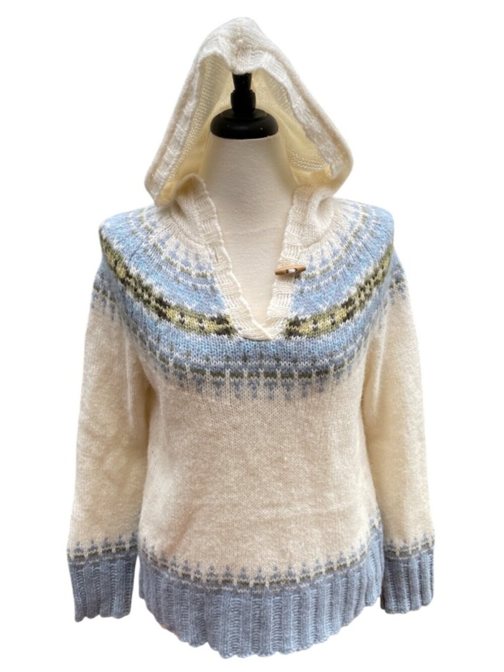 Hooded Knit Sweater Medium White Blue Fair Isle Mohair Blend Eddie Bauer Womens